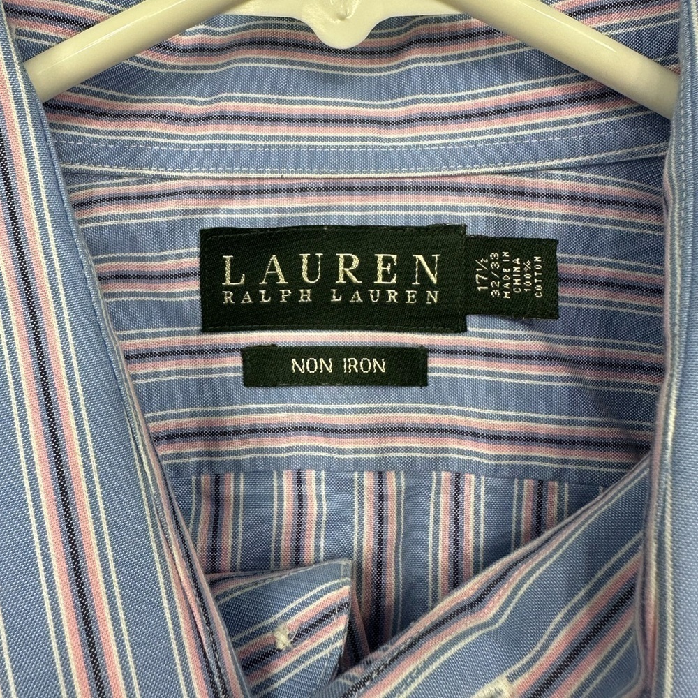 Lauren Ralph Lauren Mens Dress Shirt Blue Pink Stripe Non-Iron Sz 17.5 32/33 - Picture 3 of 4
